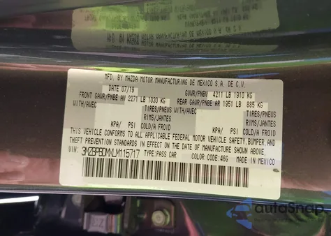 2020 Mazda Mazda3 Preferred Package из США, поврежденный, VIN 3MZBPBDMXLM115717